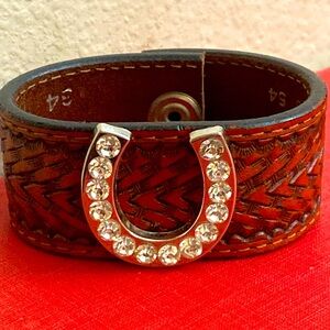Vintage 90s Artisan Made Leather & Rhinestoned Horseshoe Cuff Bracelet